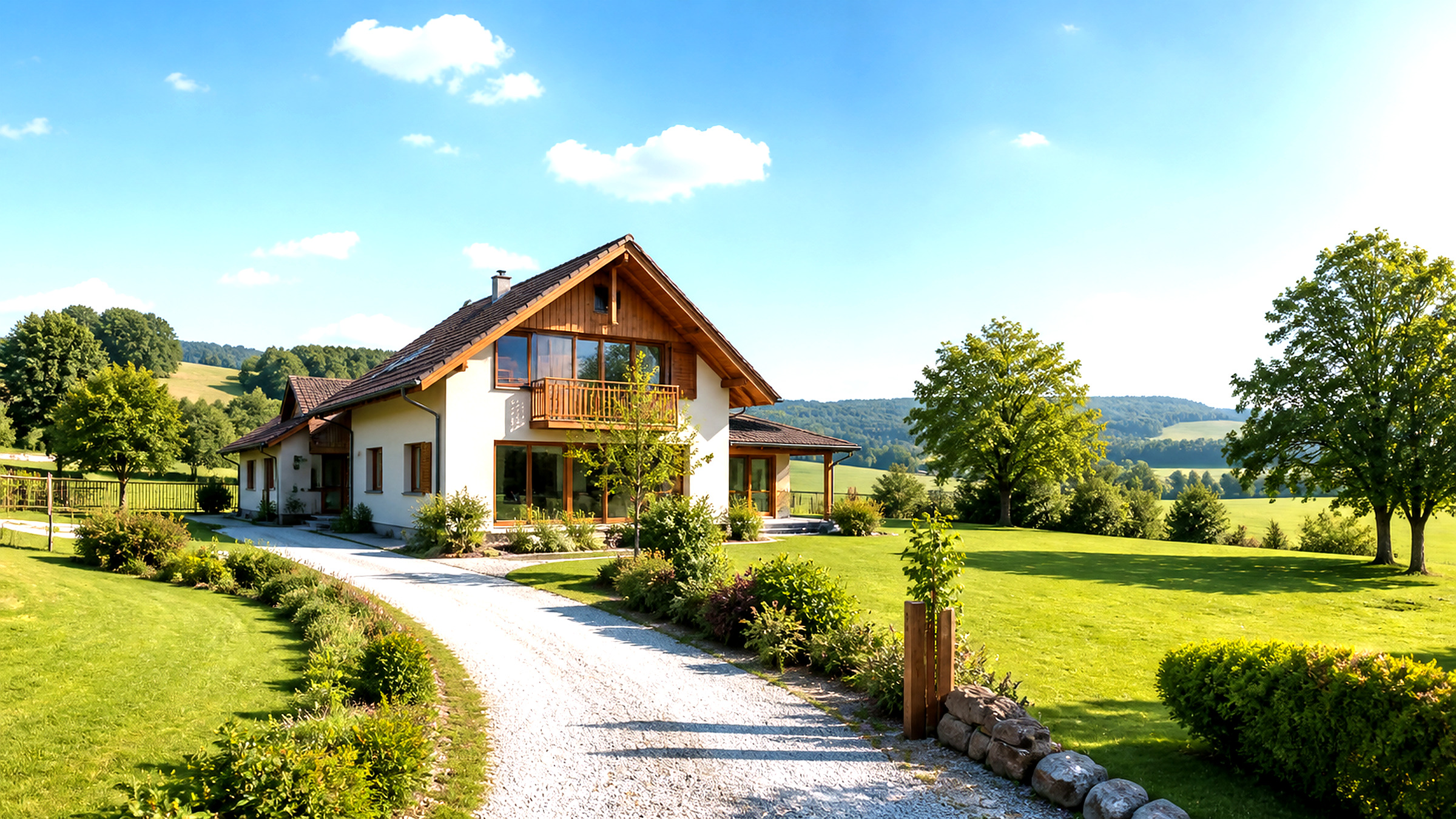 Einzelnes Haus in weiter österreichischer Landschaft mit Zufahrtsweg